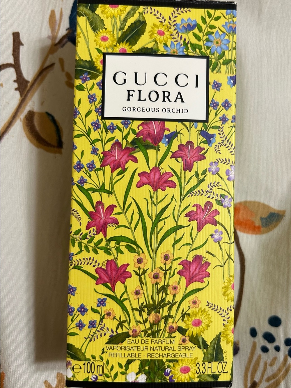 Gucci Flora Gorgeous Orchid Yellow Floral Box with Pink & Green Accents like new